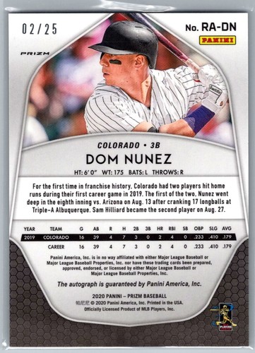 2020 Panini Prizm Burgundy Cracked Ice RC Rookie Auto /25 Dom Nunez #RA-DN - Picture 2 of 2