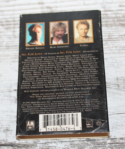 All For Love Bryan Adams Rod Stewart Sting Cassette Single 3 Musketeers 1993 - Imagen 2 de 3