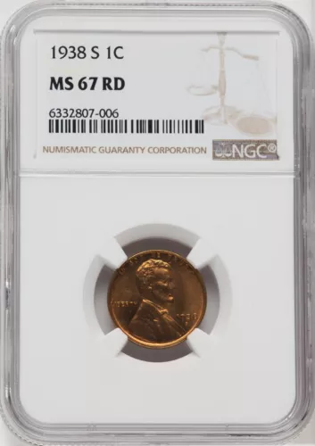 1938-S 1C MS67 Red Lincoln Cent, Wheat Reverse NGC Certified Graded Rare