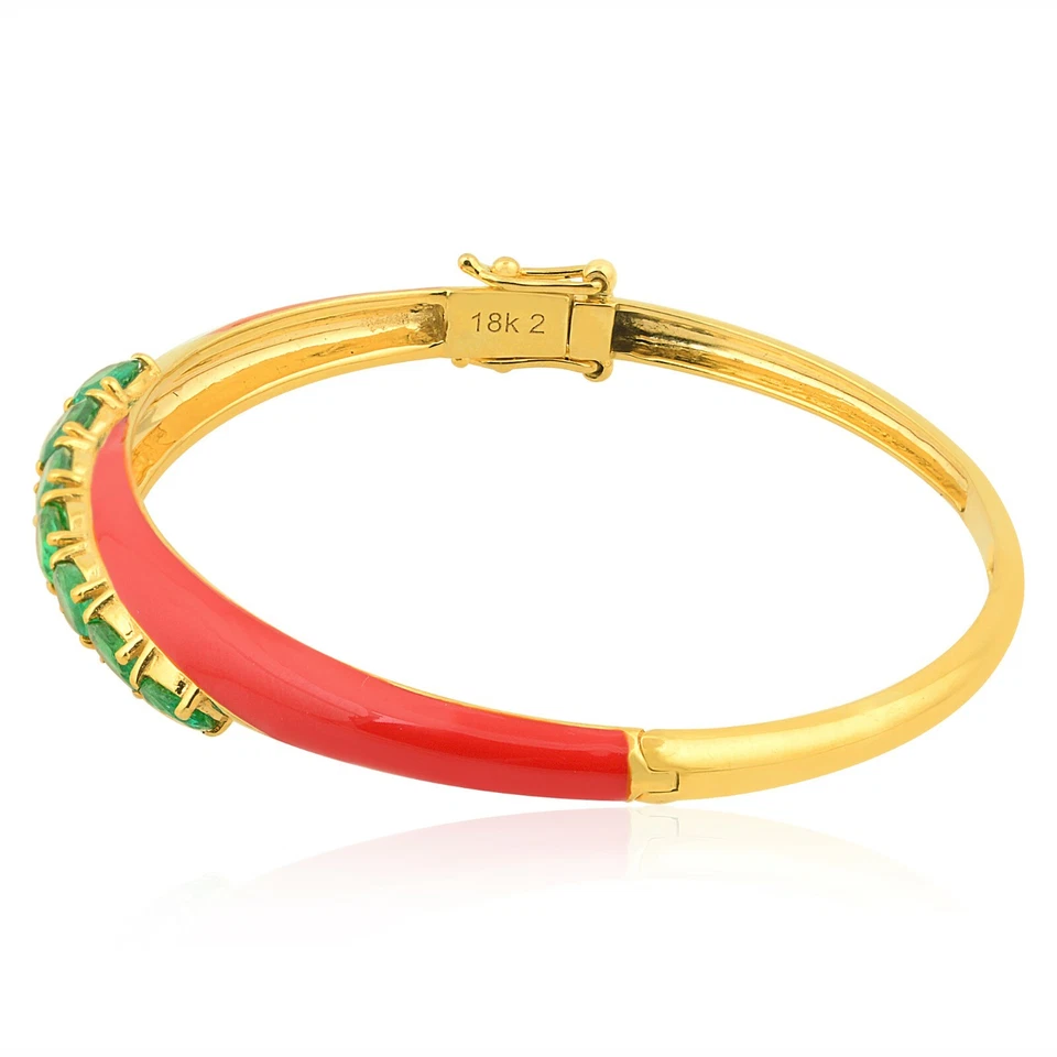 Zambian Emerald Red Enamel 18k Yellow Solid Gold Bangle Bracelet Gift 2.27 Ct — 第 3/4 张图片