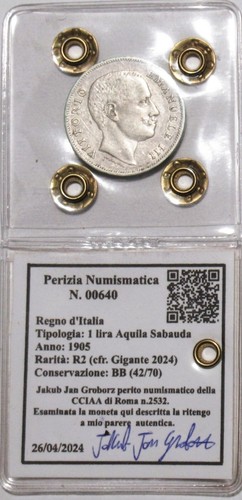 *VITTORIO EMANUELE III 1 LIRA 1905 AQUILA SABAUDA CONS. BB PERIZIATA J.J.GROBORZ - Picture 3 of 3