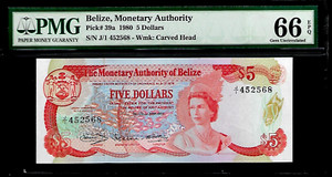 Belize 5 Dollars 1980 PMG 66 EPQ UNC Pick # 39a Series J/1 Queen Elizabeth II