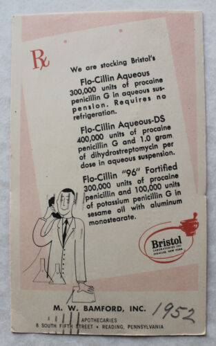 US Postal Card 1 cent revalued 2 cent used 1952 Bristol Labs Penicillin G - Picture 2 of 2