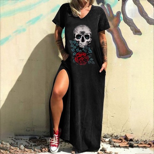 Plus Size Long Skull Print Dresses Loose O Neck Short Sleeve High Slits Dress - Picture 46 of 48
