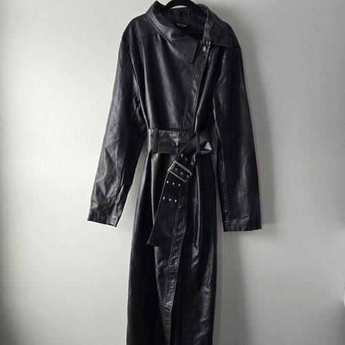 PrettyLittleThing Women's Long Faux Leather Textured Black Trench Coat 14 - Picture 12 of 21