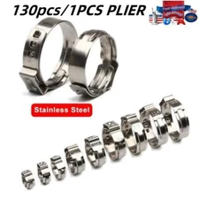 130PCS Single Ear Stepless Hose Clamps 304 Stainless Steel/Ear Hose Clamps Plier