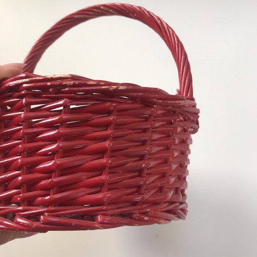 Wooden Red Apple Basket Vintage Primitive Wood Handle Red Wicker Woven - Picture 6 of 14