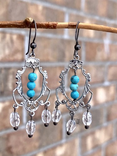 Pendientes colgantes vintage azul turquesa esterlina ornamentados - firmados - Imagen 3 de 6