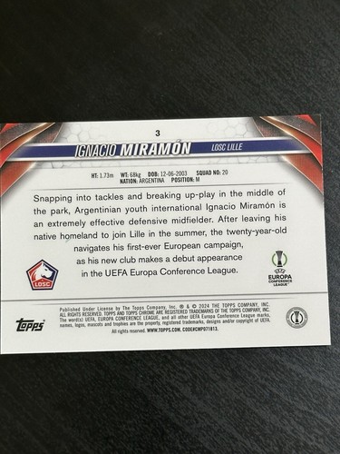 Tarjeta de novato 2023-24 Topps cromada UEFA Ignacio Miramon Lille Aqua Prism - Imagen 2 de 2