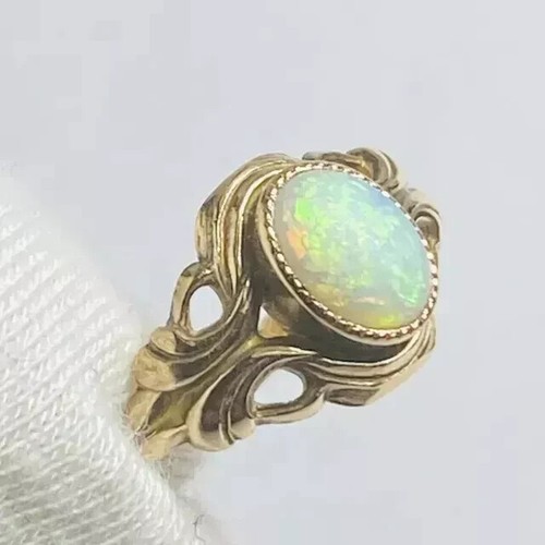 Fire Opal 2Ct Lab Created Oval Cut Bezel Engagement Ring 14K Yellow Gold Plated - Picture 1 of 7