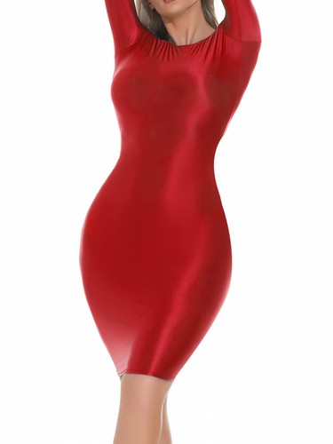 Womens Glossy Elastic Tights Pencil Dress Clubwear Mini Bodycon Teddy Dresses - Picture 38 of 95