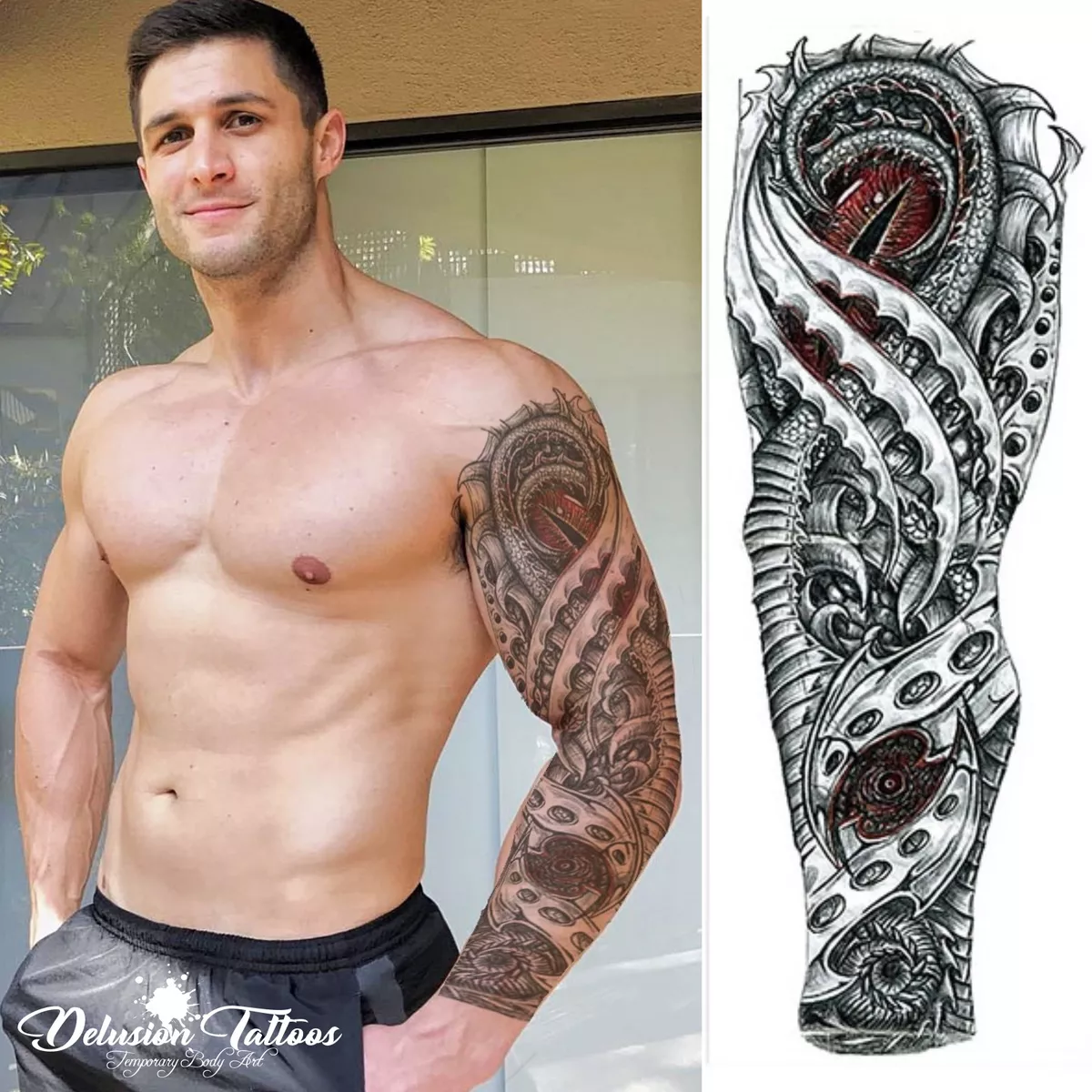 REALISTIC TEMPORARY TATTOO SLEEVE, DRAGON EYE, ROBOTIC, MECH, 3D , MENS, WOMENS