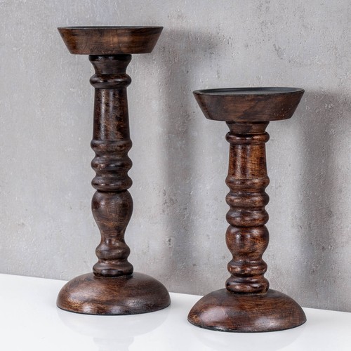 2er Set Kerzenhalter H20-25cm Mango Holz Braun Kerzenständer Rustikal Tischdeko - Bild 3 von 6