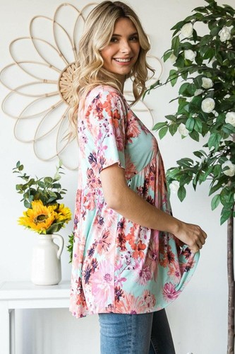 Heimish Full Size Floral V-Neck Short Sleeve Babydoll Blouse - Picture 4 of 10
