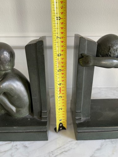 Par de sujetalibros de bronce Art Deco antiguo Paul Silvestre - niño y niña sátiro - década de 1920 - Imagen 9 de 11