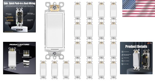 Sleek 3-Way Electrical Rocker Switches, 15A, 20-Pack - Modern Home Essentials - Picture 2 of 11