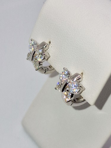 925 STERLING SILVER WHITE GOLD OVERLAY MOISSANITE DVVS1 HOOP HUGGIE BUTTERFLY... - Picture 3 of 12