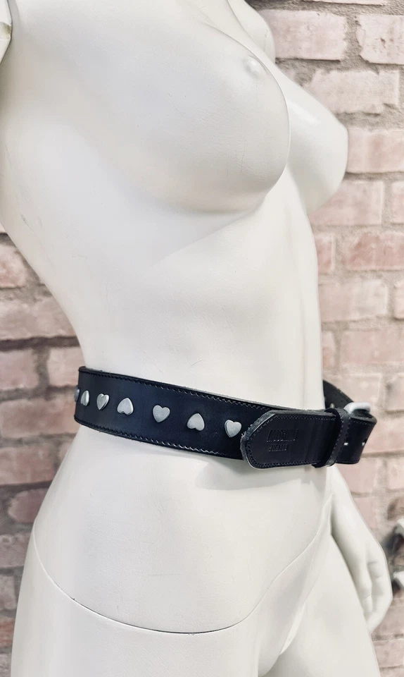 MOSCHINO Vintage Belt Leather Women Black Silver Hearts Metal Buckle Size 85 S M - Image 3 of 4