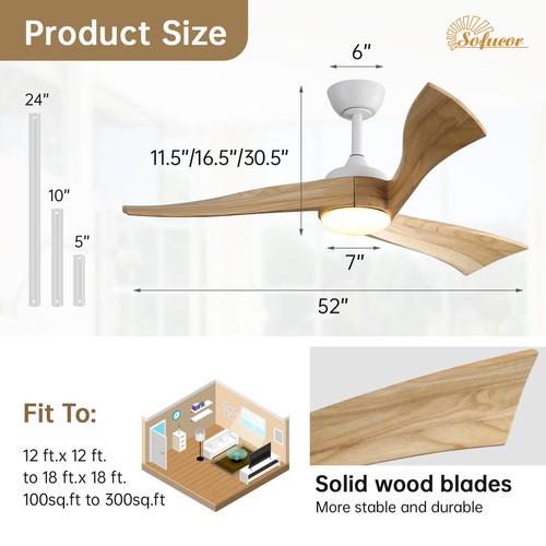Sofucor 3 Solid Wood Ceiling Fan with Lights and Remote 3 Downrods High CFM Fan - Picture 7 of 10