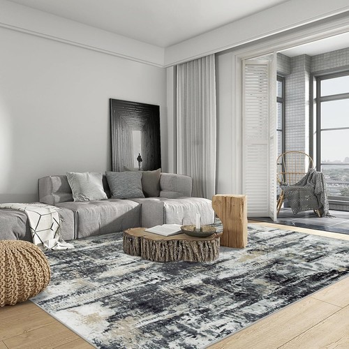 8x10 Area Rugs Washable Rug: Large Modern Abstract 8'x10', Black Grey/Gold - Picture 6 of 7