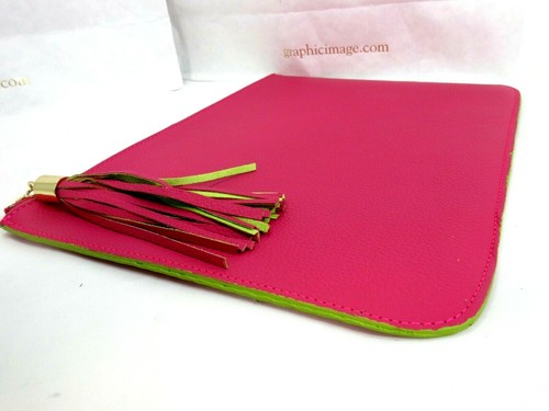 GI New York Uber Leather Clutch NEW w Tassel 9x13 Pink w Green - Picture 5 of 8