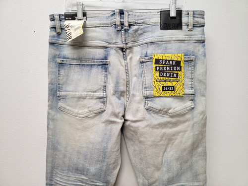 NEW SPARK PREMIUM 36X32 Stretch Slim Fit Ripped Distressed Denim Jeans Tint Blue - Picture 6 of 8