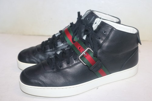 Gucci 407333 Black Leather Signature Web Buckle Sneakers Size 9 - Picture 2 of 15