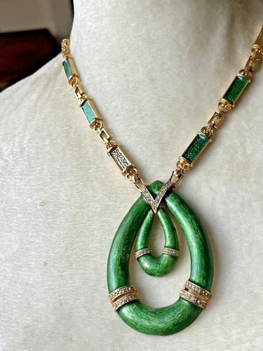 Vintage Rare POLCINI Green Enamel Choker Drop Pendant Necklace Pave Rhinestones - Picture 7 of 19
