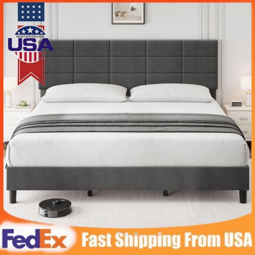Twin Full Queen King Size Bed Frame with Linen Upholstered Headboard Platform - Picture 14 of 49