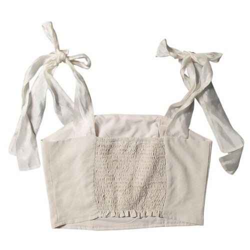 RIHOAS Cream Cropped Smocked Tie Shoulder Top Size Small - Picture 3 of 11