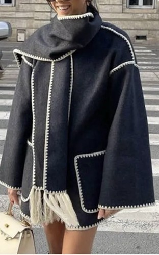 Black Sz S Ladies Jacket And Scarf Felt Black White Crochet Edging Commense NWT - Imagen 3 de 17