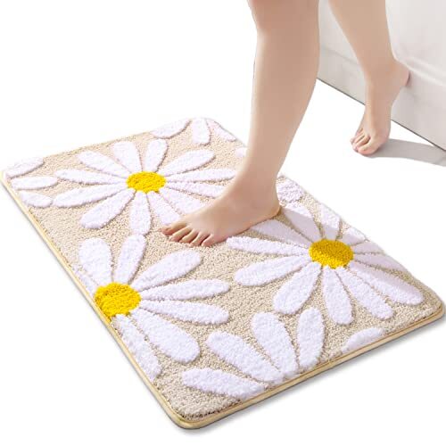 Beige Bathroom Rugs Cute Daisy Bath 2' x 1'4" (Rectangular) Beige and White