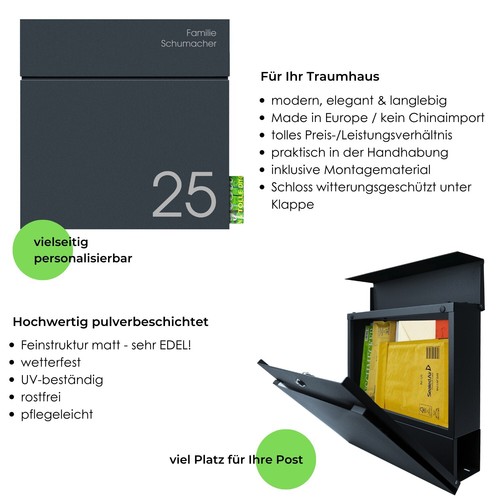 Briefkasten mit Zeitungsfach MOCAVI Box 715 anthrazit inkl. Name und Hausnummer - Bild 4 von 7