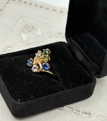14k Yellow Gold Multi Color 6 Gemstone Cluster Ring CZ Sapphire Emerald size 6 - Picture 3 of 10