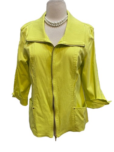 Attyre New York Zip Front Stretch Jacket chartreuse Neon 3/4 Sleeves Coat M - Picture 2 of 5