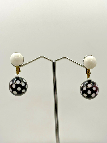 Vintage Germany Black Cherry And White Polka Dot Ball Drop Clip On Earrings - Picture 19 of 23