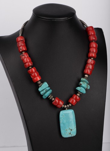 Vintage Southwest Turquoise & Red Cora Sterling Silver Accents Beaded Necklace - Picture 3 of 10