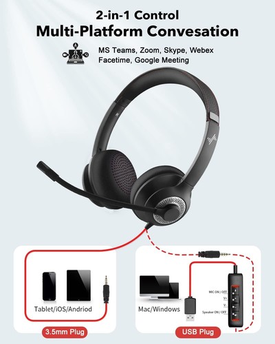 USB Headset with Mic for PC, On-Ear Computer Laptop Headphones Black - Picture 5 of 6