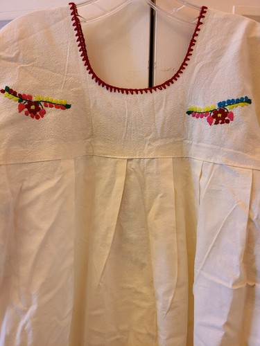 Mexican Peasant Blouse Mini Dress Large Ivory Manta Colorful Embroidered Flowers - Picture 10 of 11