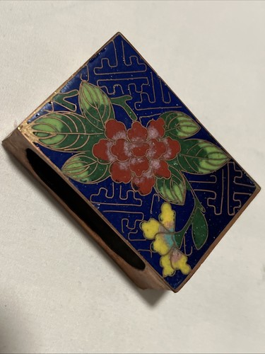 Cloisonne Match Box Cover Copper Enamel Blue Yellow Red Floral Design - Picture 2 of 8