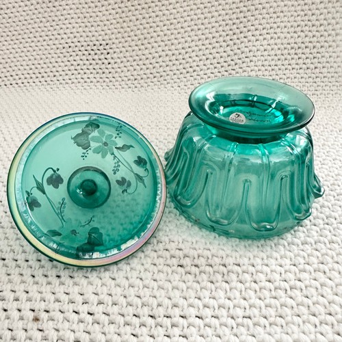 Fenton Art Glass Aquamarine Green Floral Design Lidded Candy Dish Marked Rare - Picture 9 of 10