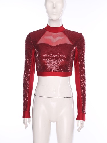 Womens and Kids Glittery Jazz Dance Costume Crop Top Long Sleeve Mesh Hollow Out - Imagen 25 de 223