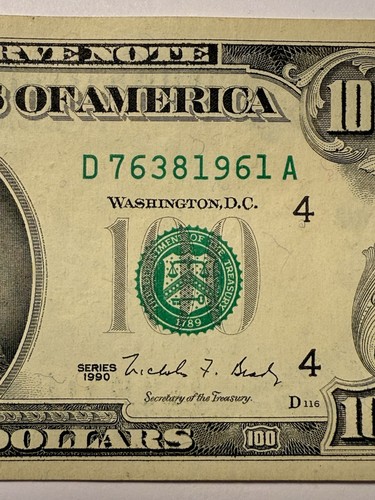 100 Dollar Bill 1990 $100 Fancy Serial Number 1961 Year Note District D Rare - Picture 4 of 10