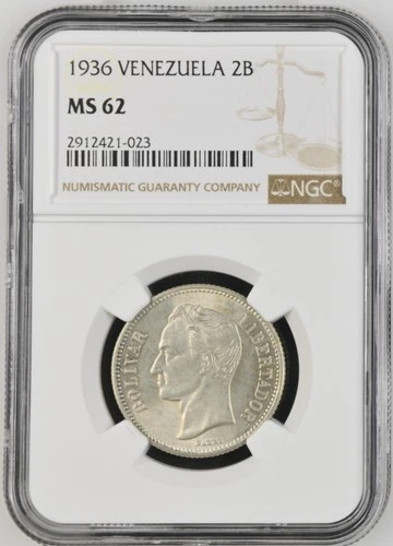 1936 Venezuela 2 Bolivares .835 Silver Y#23 NGC MS62 Graded Mint State BU UNC