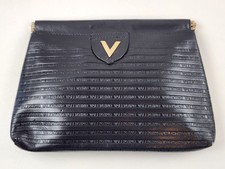 Authentic Mario Valentino Vintage Clutch Bag Black Leather Pouch Second V logo