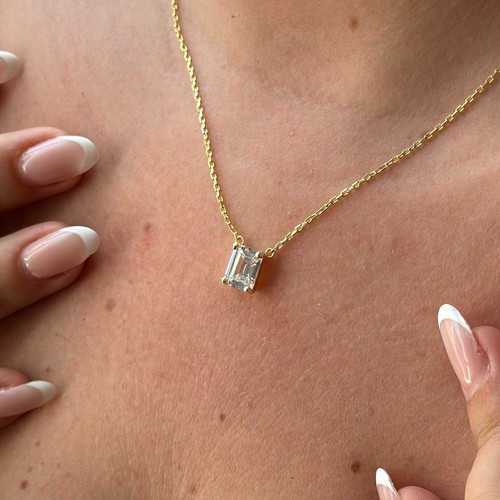 14k Gold Emerald Cut Necklace | Lab-Created Diamond or Gemstone Pendant Women - Picture 4 of 6