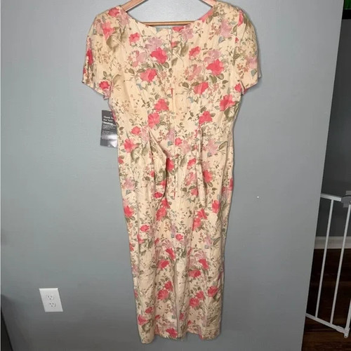 Neu mit Etikett Maggy London x Vintage 90er Leinen Blumen Midikleid creme rosa Cottagecore 14 - Bild 3 von 11