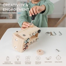 Busy Board Toy Truck Set - Fun  Noise-Free, Pine Wood Activity Board for Tod...