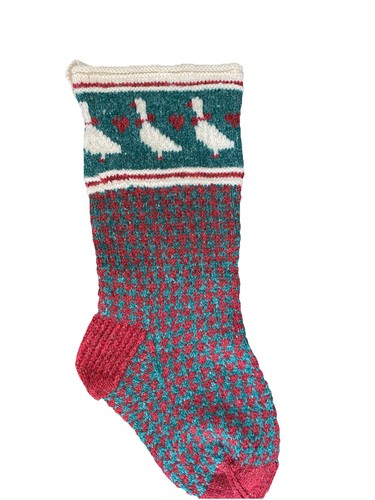 Christmas Stocking 27” Maine Wool Handmade Knit Sock Geese Large Red Green Cream - Picture 2 of 14