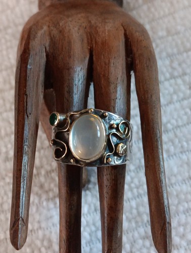 Artisan Sterling & 14k Yellow Gold Moonstone Cabochon Emerald Ring Size 7.5 - Picture 3 of 16